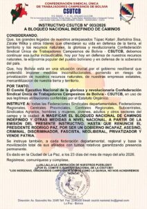 Le syndicat des agriculteurs boliviens appelle à un blocage des routes pour une durée illimitée