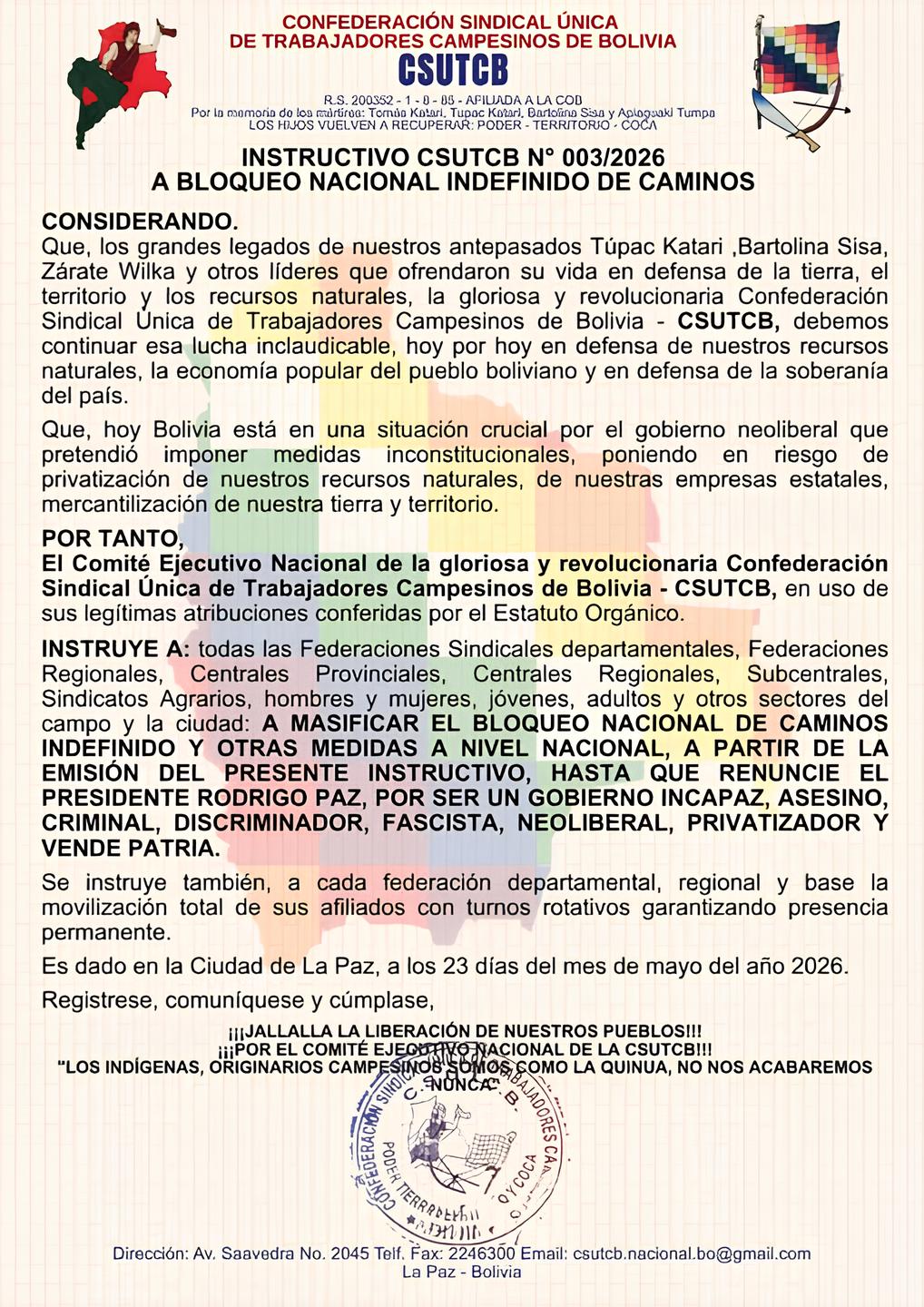 Le syndicat des agriculteurs boliviens appelle à un blocage des routes pour une durée illimitée