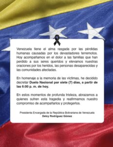 Tremblement de terre au Venezuela : deuil national et conséquences du blocus américain